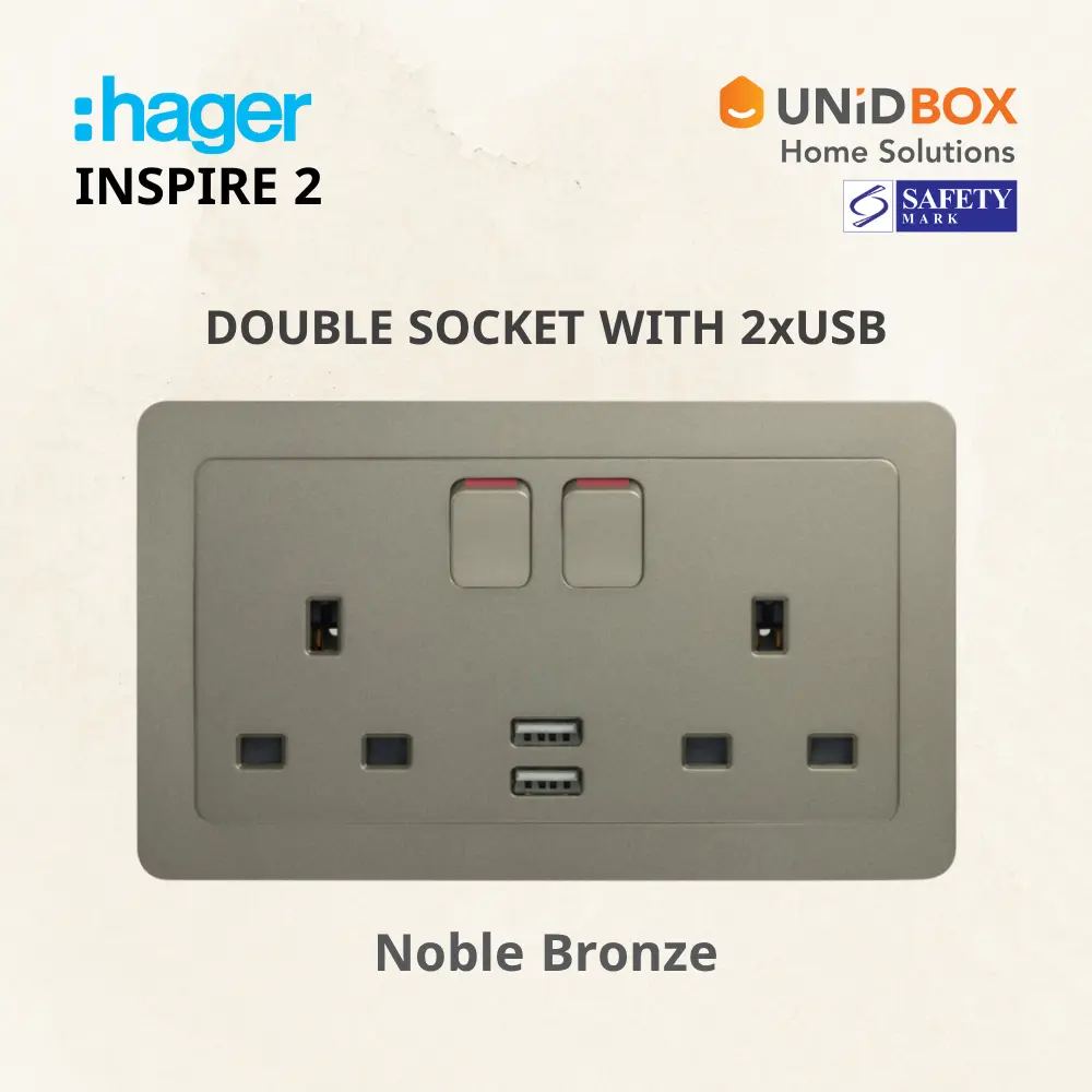 Hager Inspire 2 High Quality Socket with 2x USB [White/Noble Bronze/Knight Black/Elegant Gold/Aurora Silver] - Variant Main Image