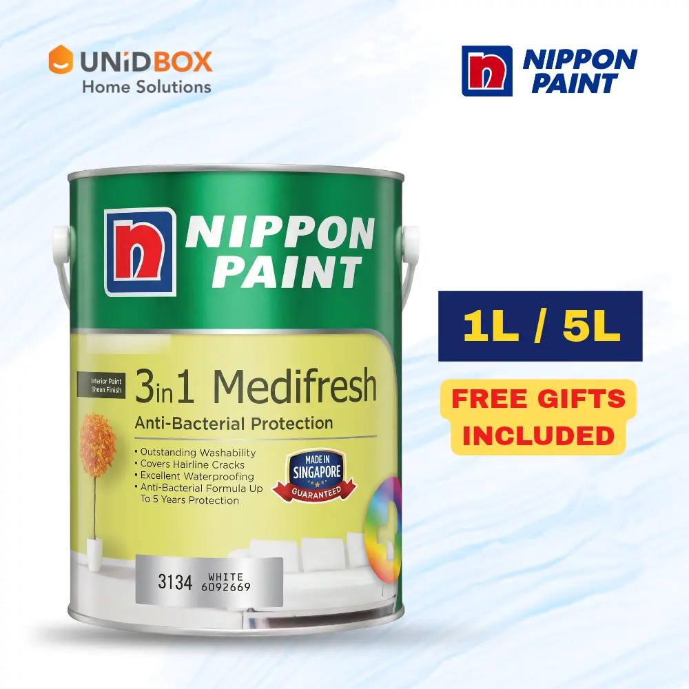 NIPPON PAINT 3-in-1 Medifresh Interior Wall Paint 1L / 5L | Anti-Bacterial & Washable (Only Dark Colours)