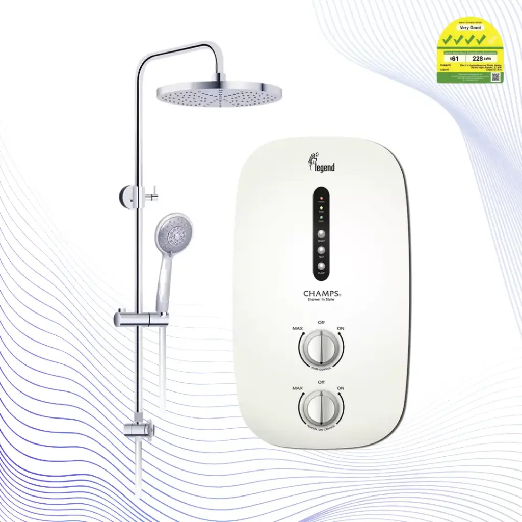 CHAMPS Legend Instant Water Heater With Rain Shower Set (White/ Black)