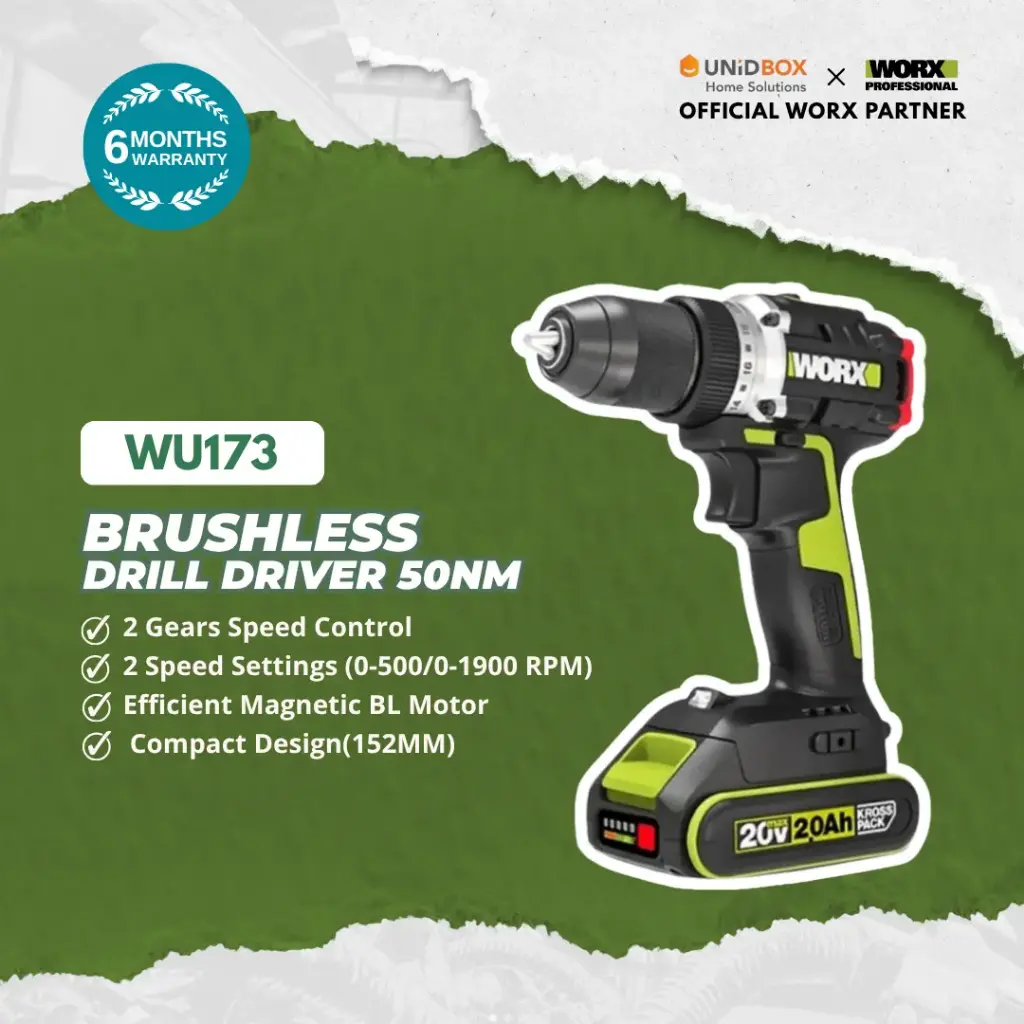WORX WU173 20V Brushless Drill Driver 10mm (50Nm, Compact)