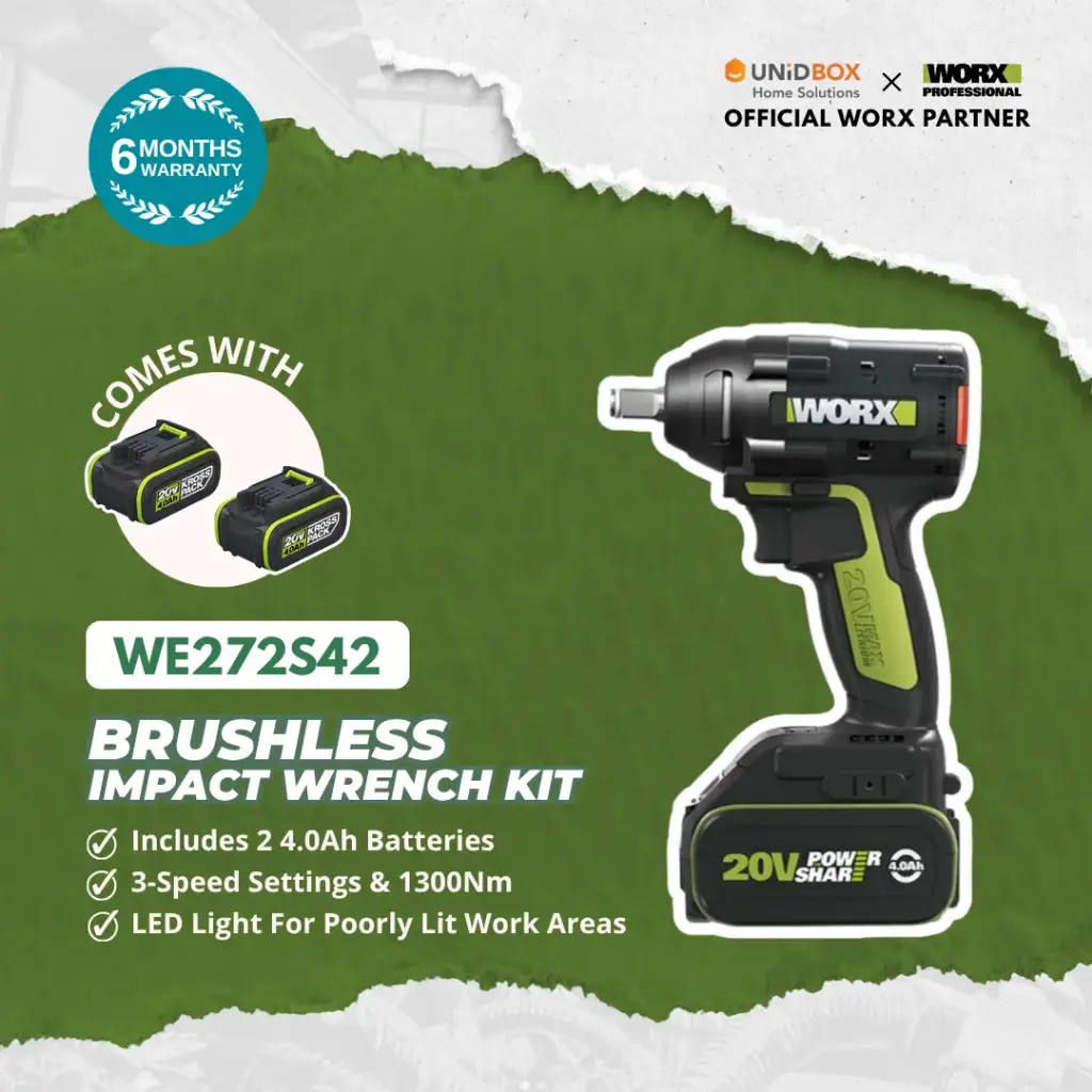 WORX WE272S42 20V Brushless Impact Wrench Kit (2×4.0Ah Batteries, 1300Nm)