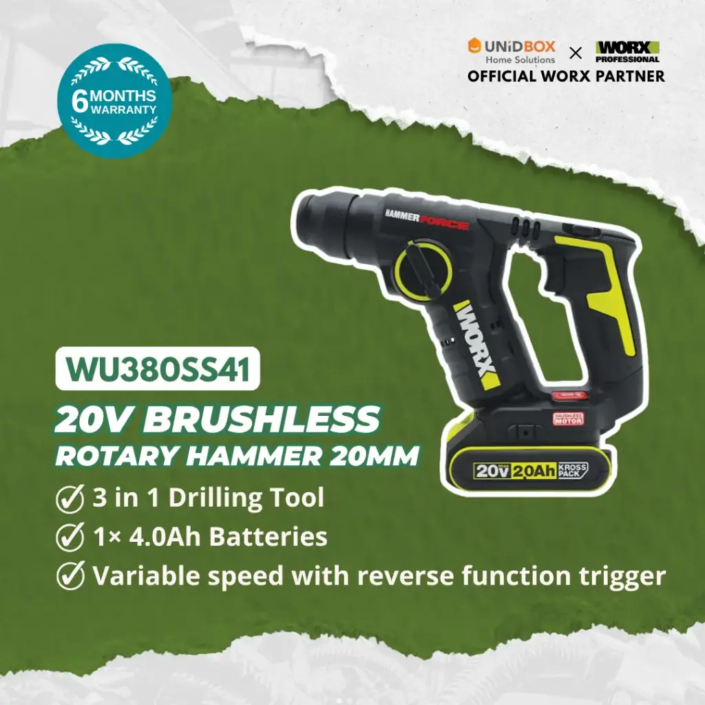 WORX WU380SS41 20V Brushless Rotary Hammer 20mm (1×4.0Ah Battery, 1.5kg)