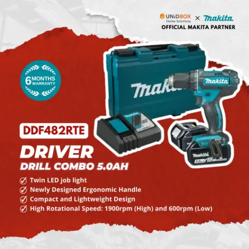 [08-12-00129] MAKITA DDF482RTE 18V Driver Drill (5.0Ah)