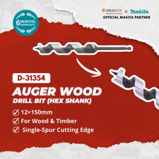 MAKITA Single Spur Auger Wood Drill Bit 12×150mm (Hex Shank) 20×200mm (1/4" Hex) D-31354 D-31398