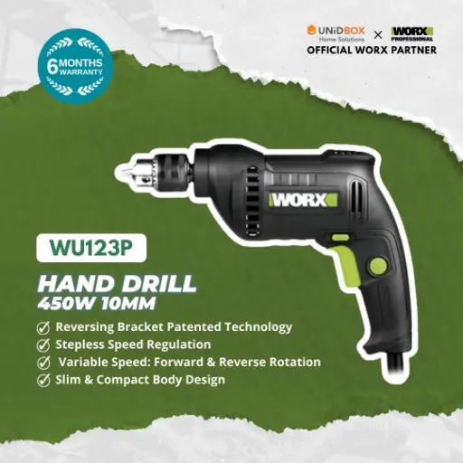 WORX WU123P 450W 10mm Hand Drill (Variable Speed, Compact)