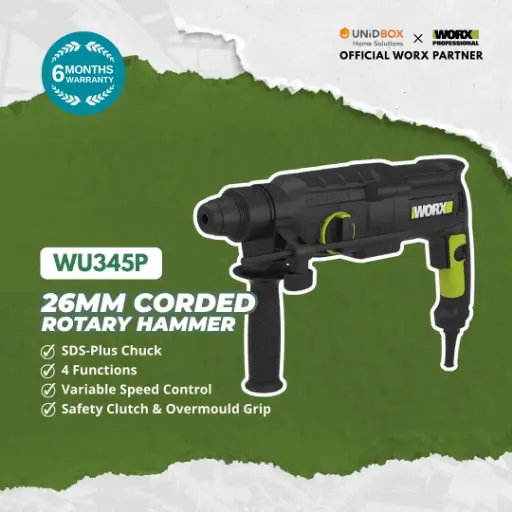 WORX WU345P 26mm Corded 4F Rotary Hammer (800W, 3‑Mode SDS Plus)