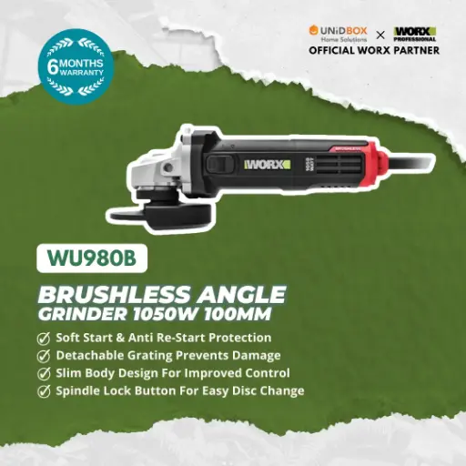 [08-06-00001] WORX WU980B Brushless Angle Grinder 100mm (1050W, Slim Body)