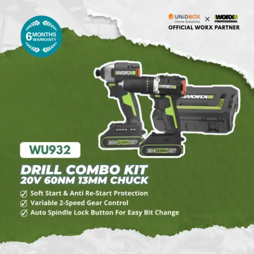 WORX WU932 2×20V MAX Brushless Hammer Drill + Drill Driver Combo Kit (60Nm, 13mm Chuck)