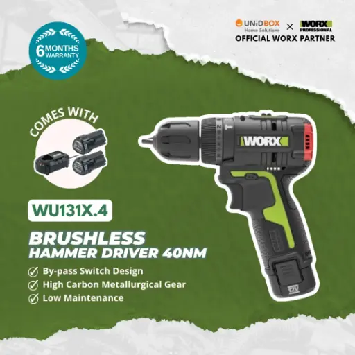 [08-12-00003] WORX WU131X.4 12V Brushless Hammer Drill 10mm (40Nm, 2 Batteries + Accessories)