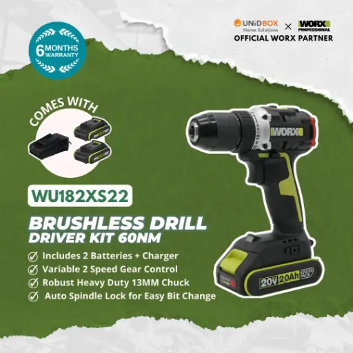 WORX WU182X 20V MAX Brushless Drill Driver Kit (2 Batteries + Charger, 60Nm, 13mm)