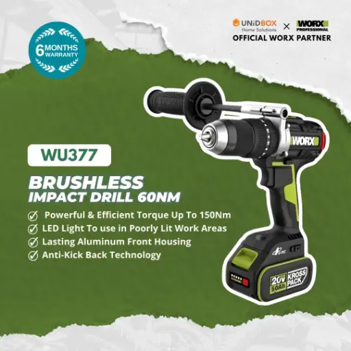 WORX WU377 20V Brushless Impact Drill 13mm (60Nm, High Torque)