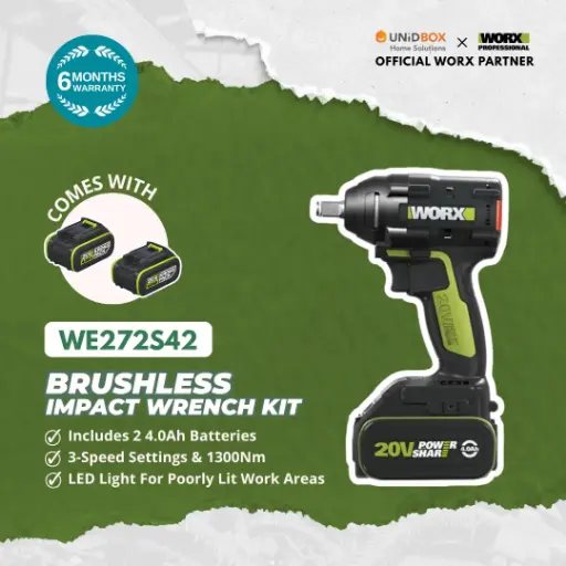 WORX WE272S42 20V Brushless Impact Wrench Kit (2×4.0Ah Batteries, 1300Nm)