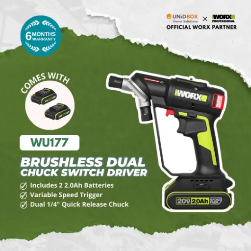 WORX WU177 20V Brushless Dual Chuck Switch Driver (2×2.0Ah Batteries, 6.35mm)