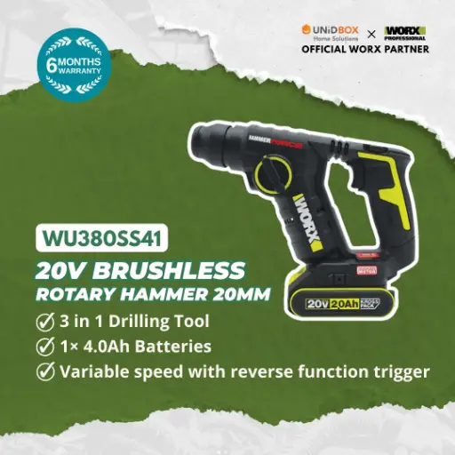 WORX WU380SS41 20V Brushless Rotary Hammer 20mm (1×4.0Ah Battery, 1.5kg)