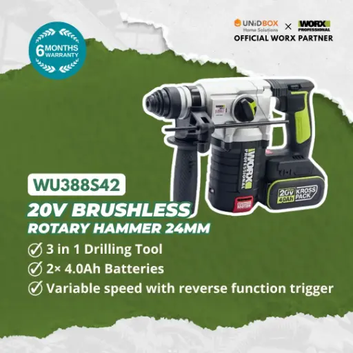 [08-12-00017] WORX WU388S42 20V Brushless Rotary Hammer 24mm (2×4.0Ah Batteries, 3kg)