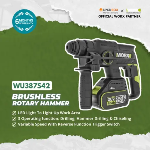 [08-12-00018] WORX WU387S42 20V Brushless Rotary Hammer 22mm (2×4.0Ah Batteries, 2kg)