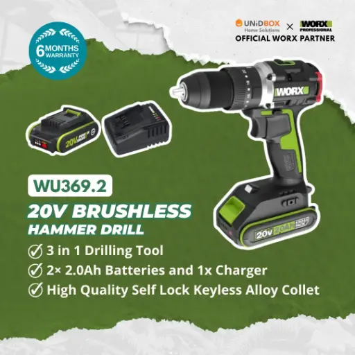 [08-12-00019] WORX WU369.2 20V Brushless Hammer Drill 13mm (2×2.0Ah Batteries, 60Nm)