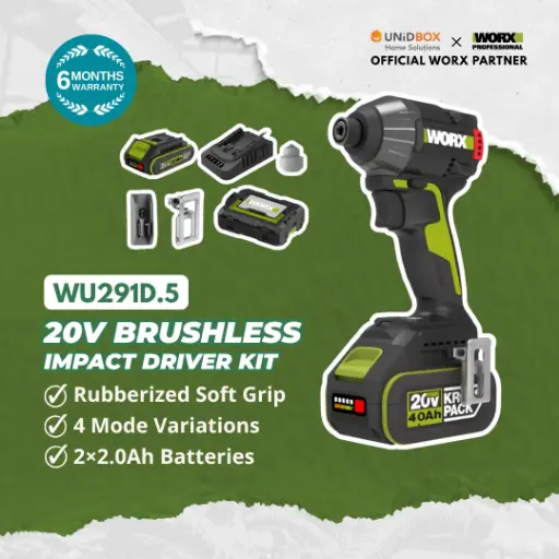 WORX WU291D.5 20V Brushless Impact Driver Kit (2×2.0Ah Batteries, 230Nm)