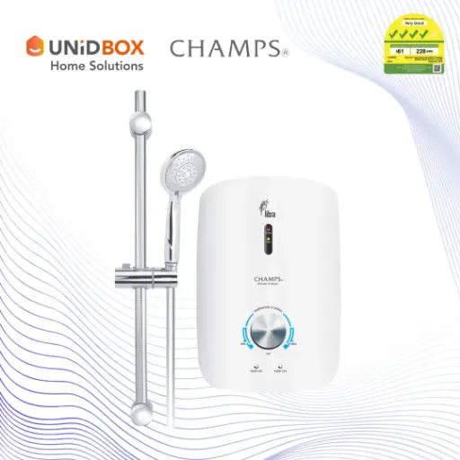 CHAMPS Libra White Instant Water Heater with DC Booster Pump & 5-Way Shower Set