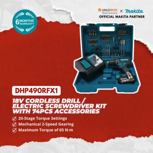 [08-22-00193] Makita DHP490RFX1 18V Cordless Hammer Drill Kit | 65Nm Torque | 74-Piece Accessories