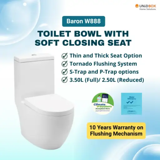 [07-13-00003] BARON W888 10-Inch S-Trap Toilet Bowl | 2-Tick WELS | Urea Soft-Close Seat
