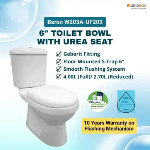 BARON W203A-UF203 6-Inch S-Trap Two-Piece Toilet Bowl | Urea Soft-Close Seat