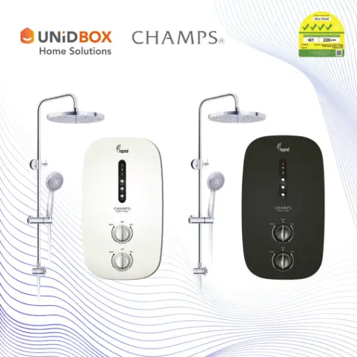 CHAMPS Legend Instant Water Heater With Rain Shower Set (White/ Black)